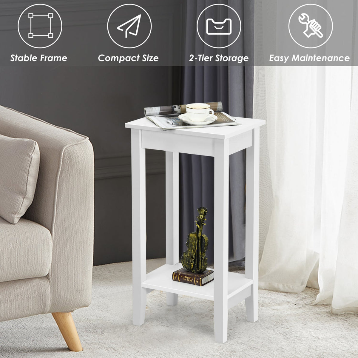 Set of 2 Versatile 2-Tier End Table with Storage Shelf-White-End & Side Tables-DECOROLALA