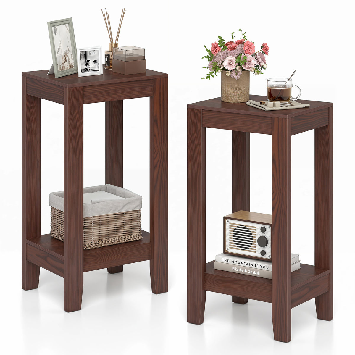 Set of 2 Versatile 2-Tier End Tables with Storage Shelf-Brown-End & Side Tables-DECOROLALA