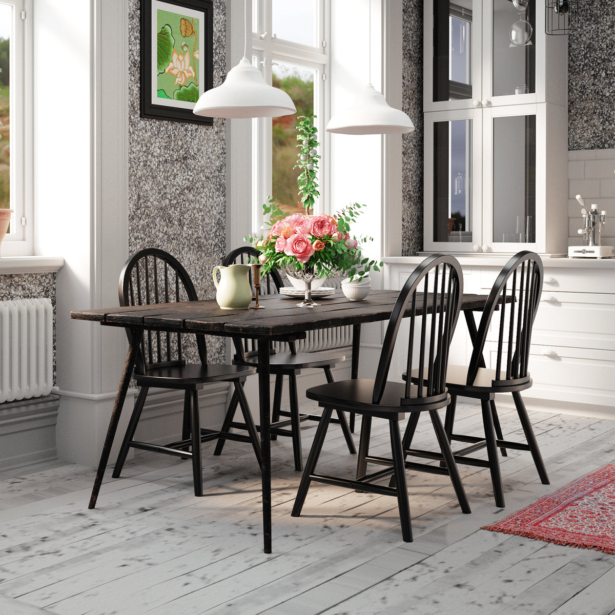 Set of 2 Vintage Windsor Wood Chair with Spindle Back for Dining Room-Black-Dining Chairs-DECOROLALA