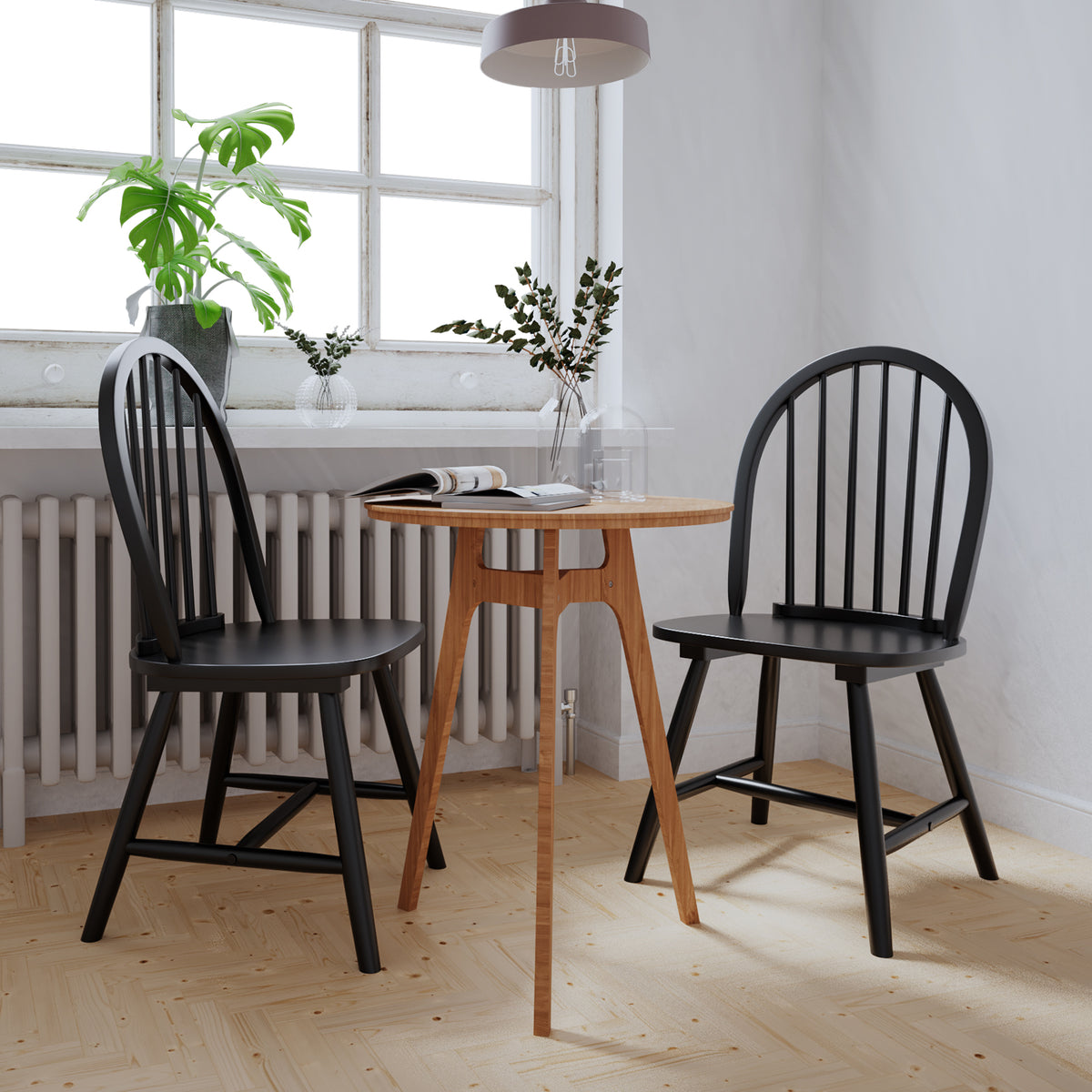 Set of 2 Vintage Windsor Wood Chair with Spindle Back for Dining Room-Black-Dining Chairs-DECOROLALA