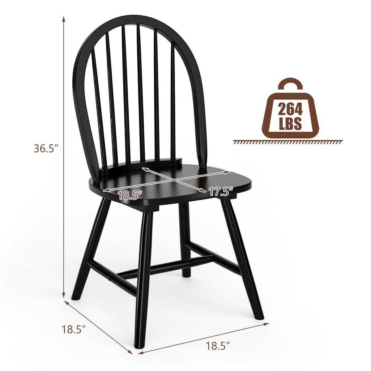 Set of 2 Vintage Windsor Wood Chair with Spindle Back for Dining Room-Black-Dining Chairs-DECOROLALA