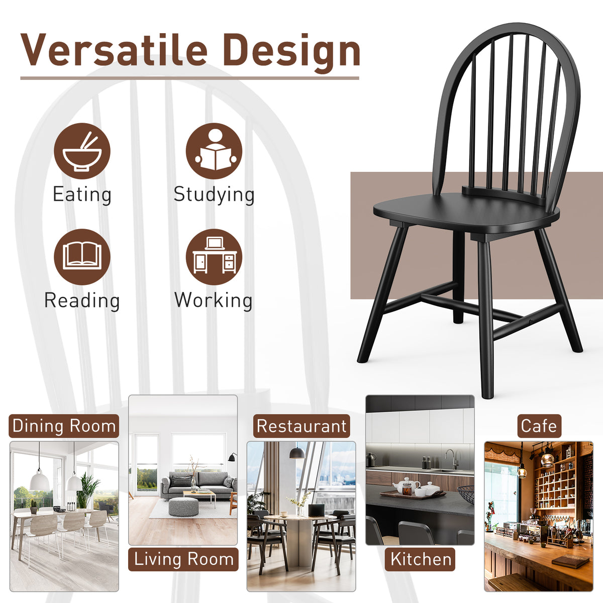 Set of 2 Vintage Windsor Wood Chair with Spindle Back for Dining Room-Black-Dining Chairs-DECOROLALA
