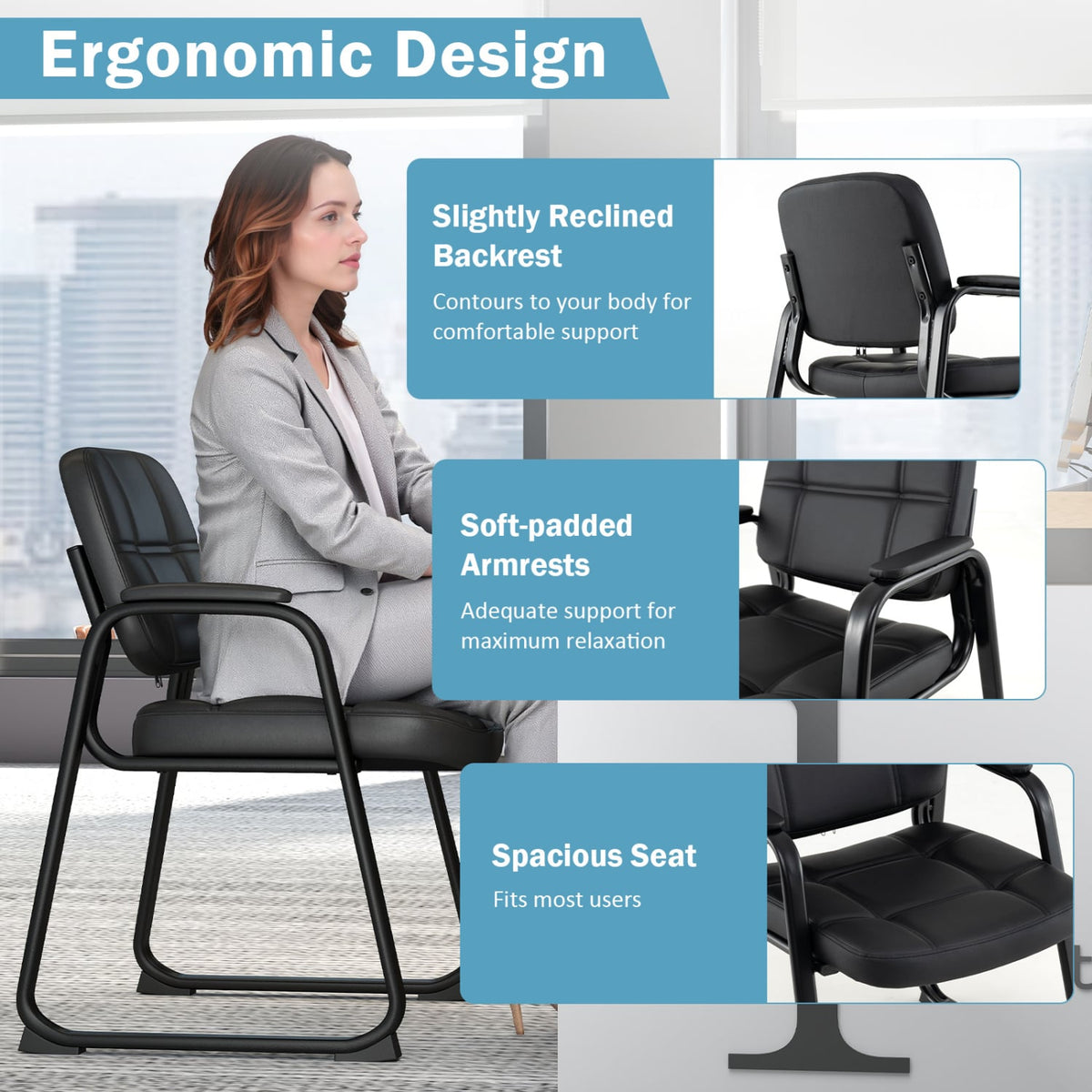 Set of 2 Waiting Room Chair Home Office PU Leather Guest Chairs-Black-Conference Chairs-DECOROLALA
