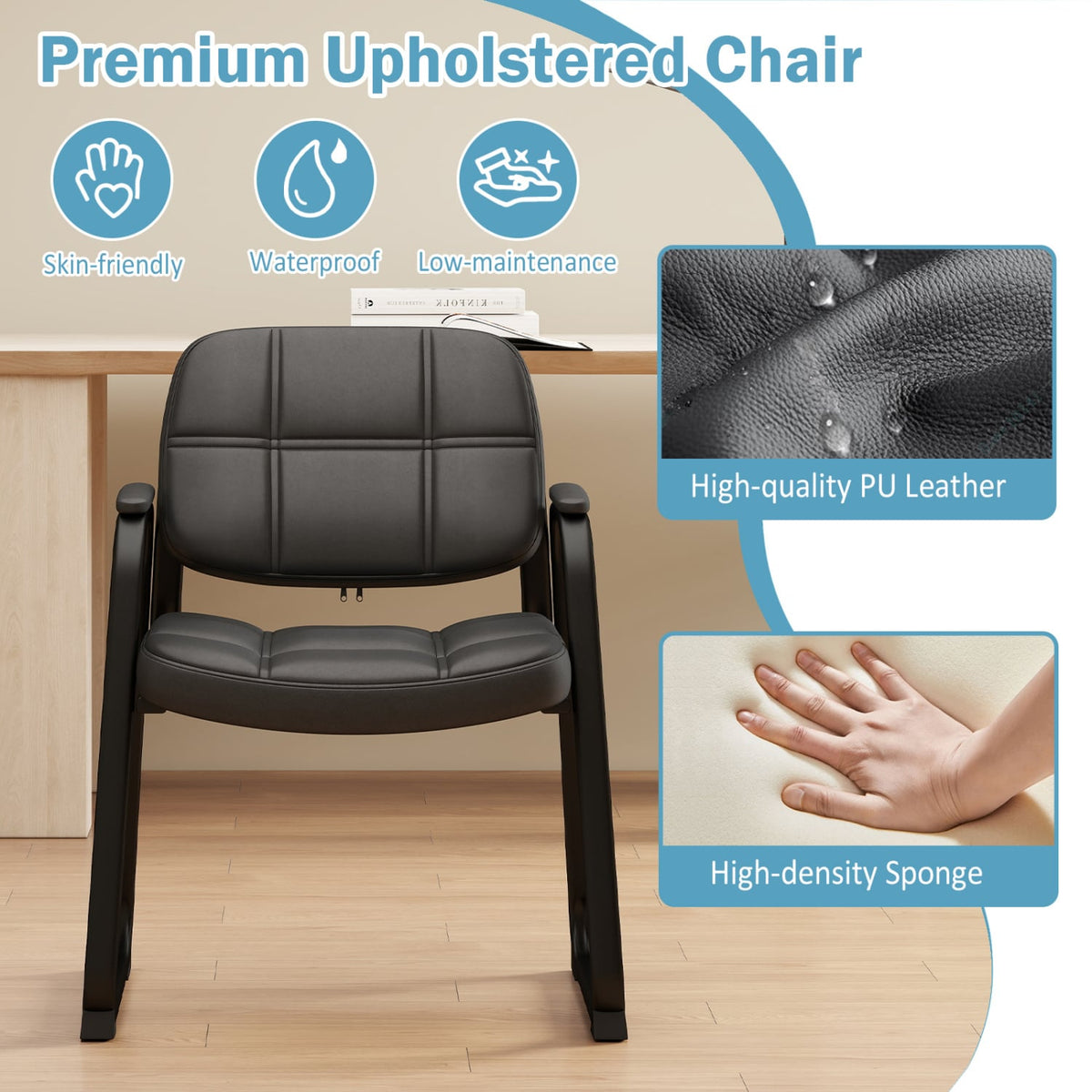 Set of 2 Waiting Room Chair Home Office PU Leather Guest Chairs-Black-Conference Chairs-DECOROLALA