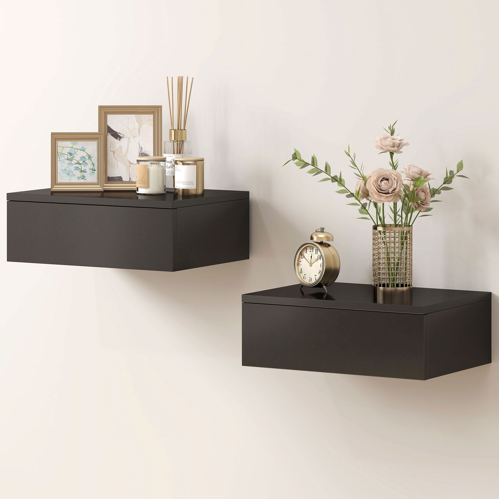 Set of 2 Wall Mounted Bedside Tables, Floating Nightstands with Drawer for Bedroom, Black-Home Furnishings > Bedroom Furniture > Bedside Tables-DECOROLALA