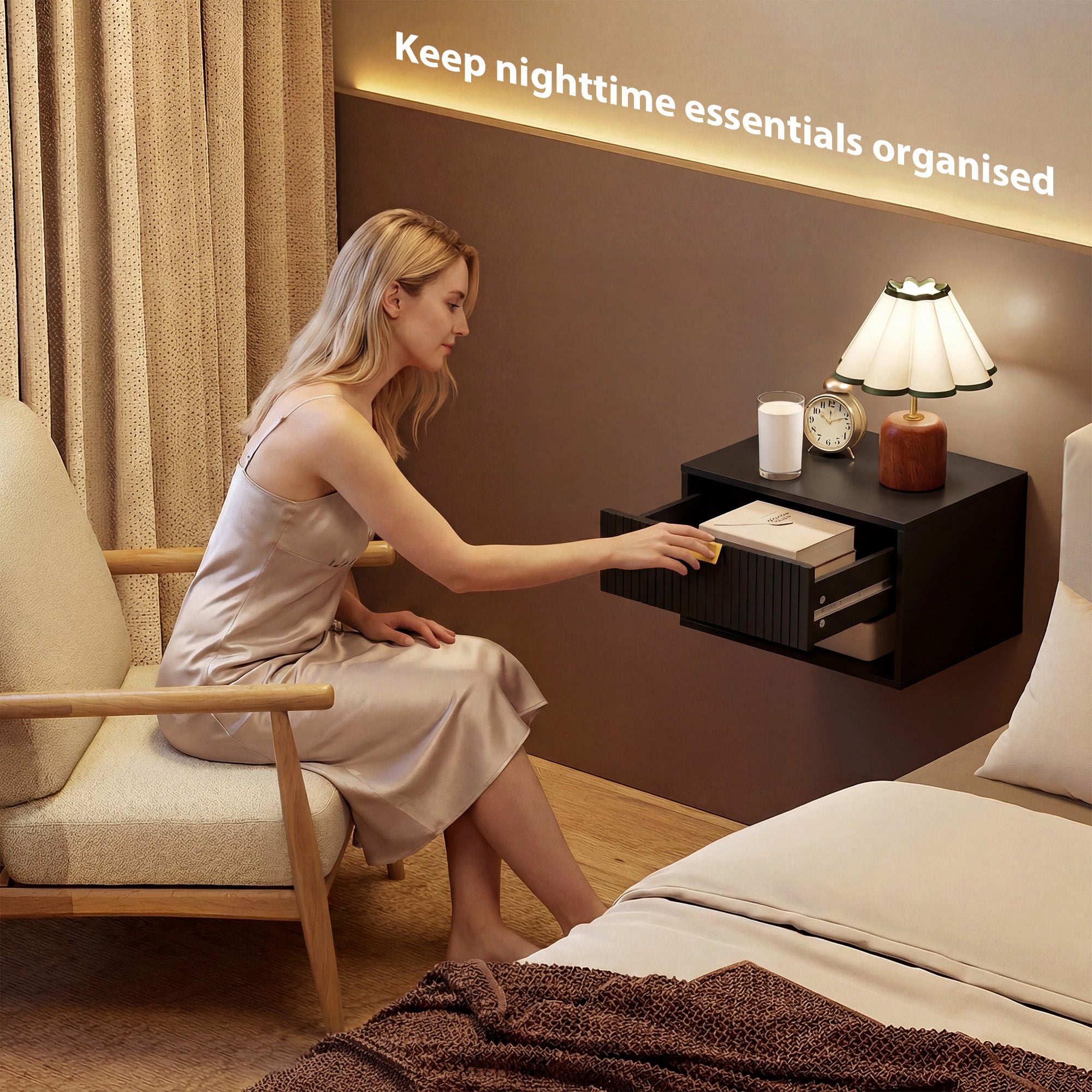 Set of 2 Wall Mounted Bedside Tables, Floating Nightstands with Fluted Drawer and Open Shelf for Bedroom, Black-Home Furnishings > Bedroom Furniture > Bedside Tables-DECOROLALA