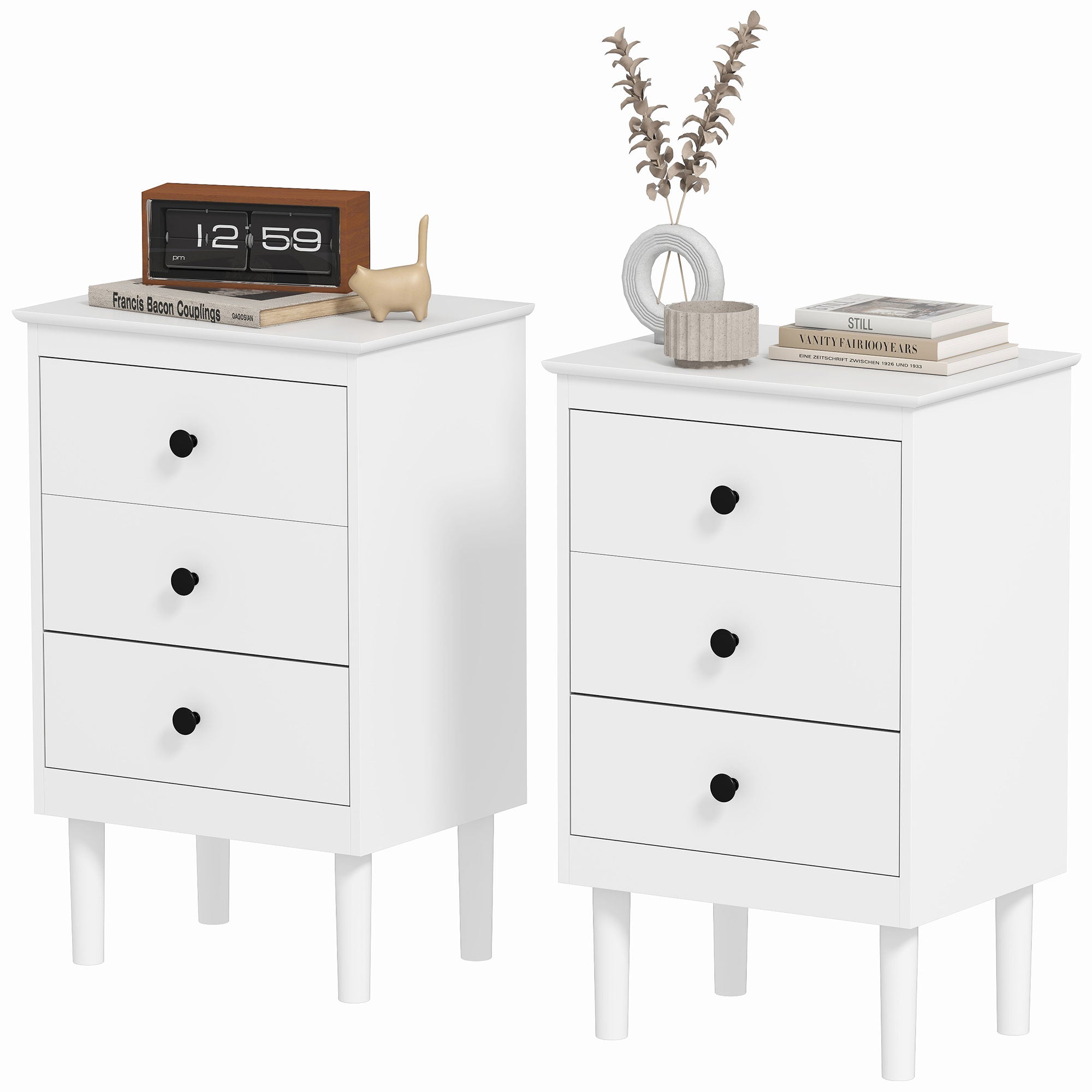 Set of 2 White 3-Drawer Bedside Tables - Modern Nightstands-Home Furnishings > Bedroom Furniture > Bedside Tables-DECOROLALA