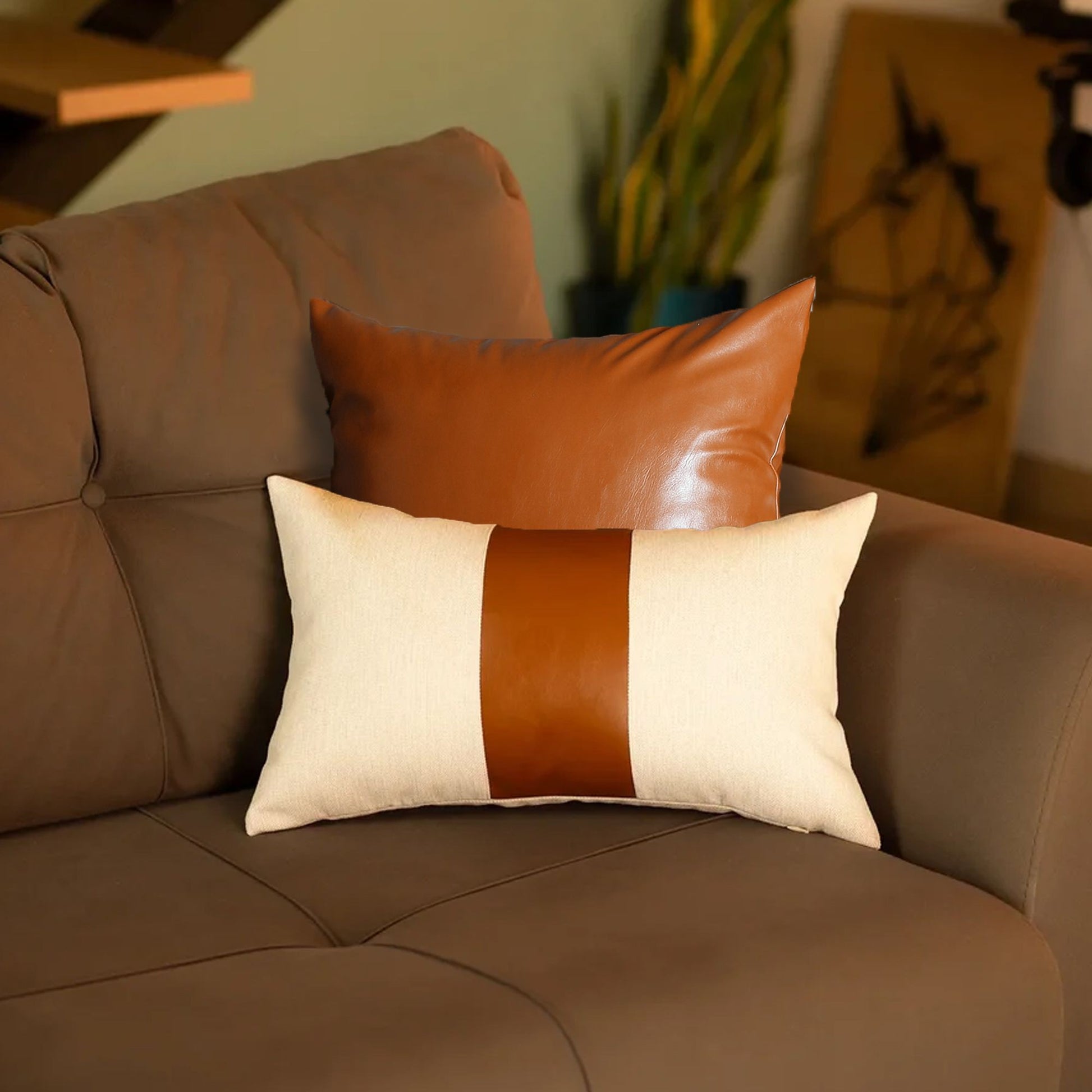 Set of 2 White and Brown Faux Leather Throw Pillows-Accent Throw Pillows-DECOROLALA
