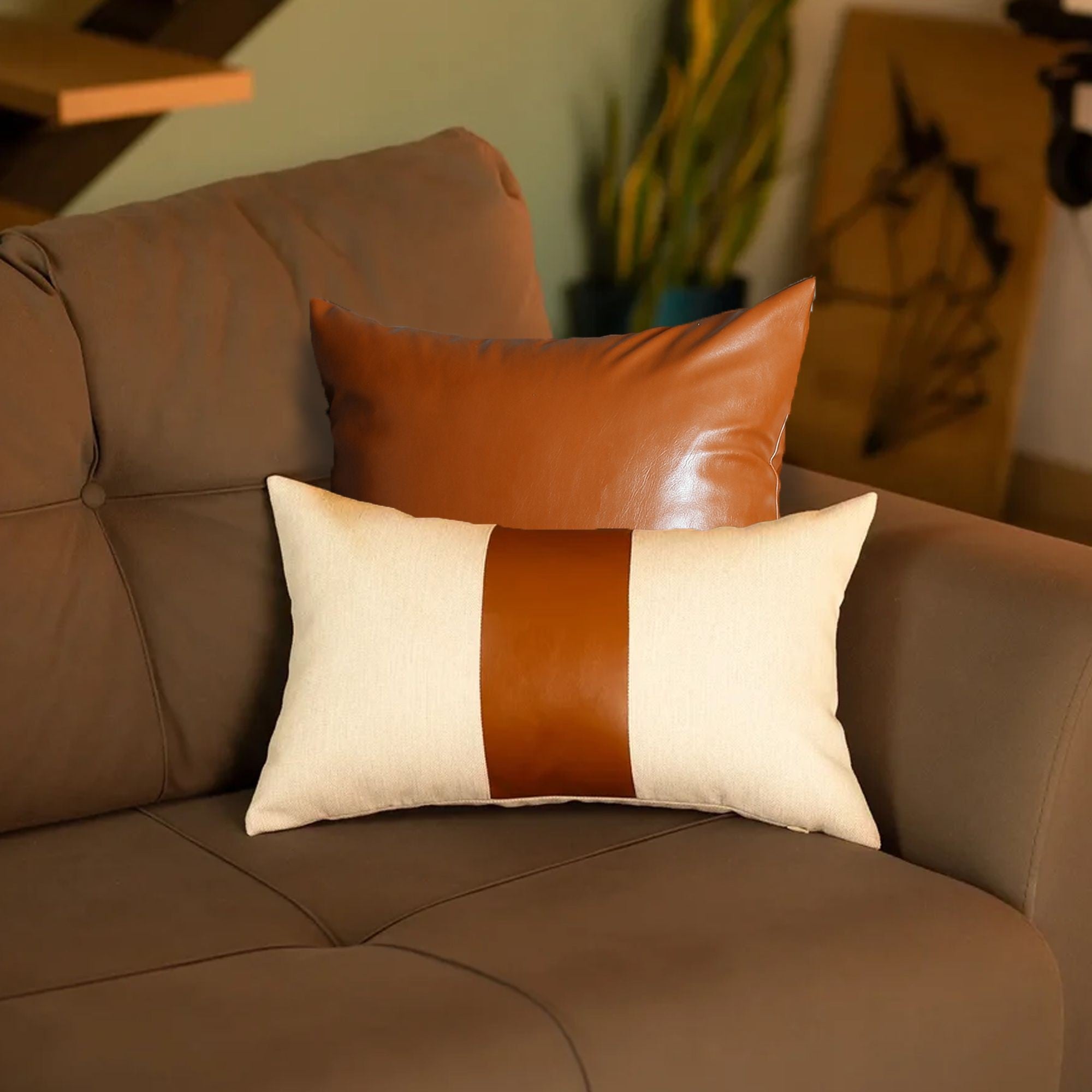 Set of 2 White and Brown Faux Leather Throw Pillows-Accent Throw Pillows-DECOROLALA