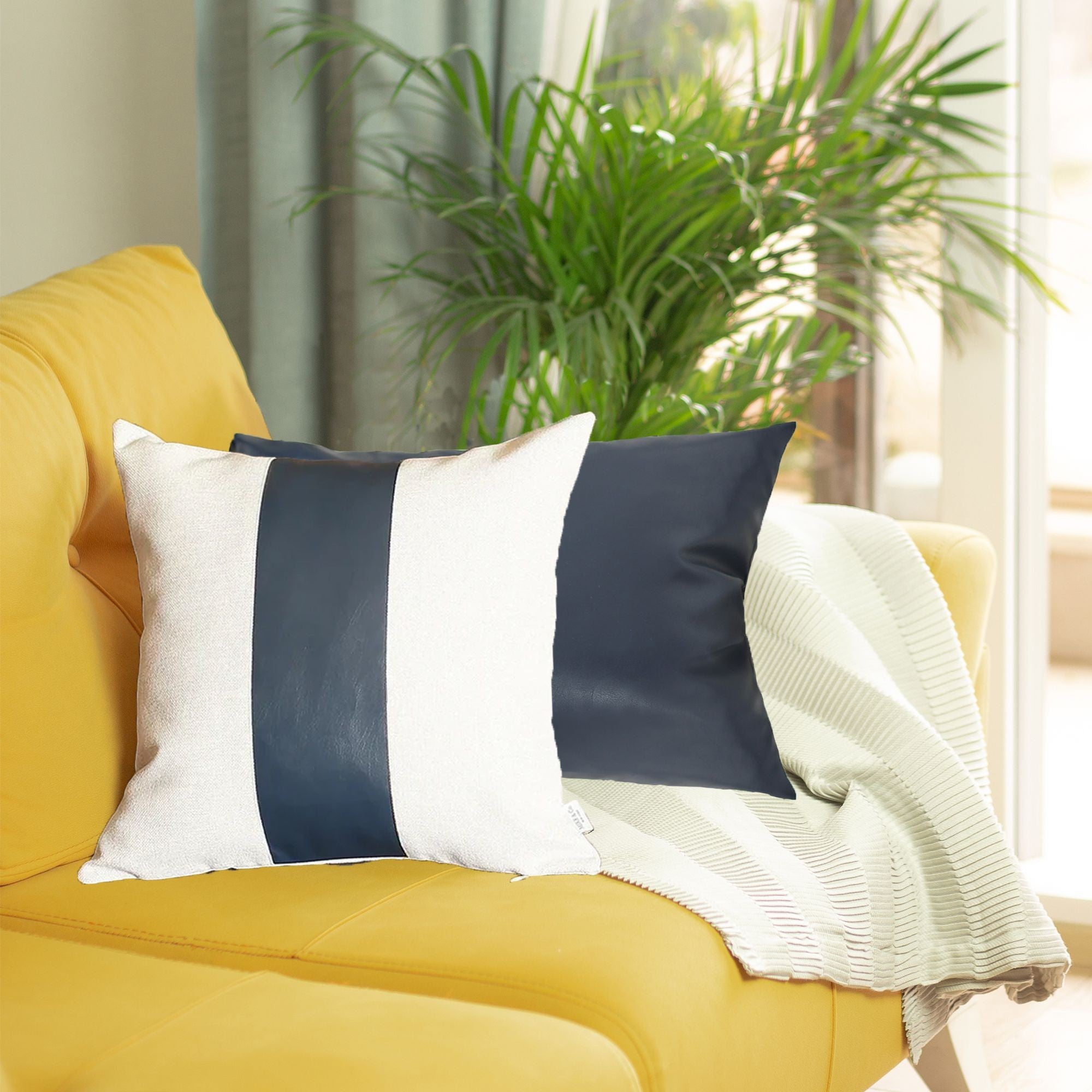 Set of 2 White and Navy Faux Leather Throw Pillows-Accent Throw Pillows-DECOROLALA