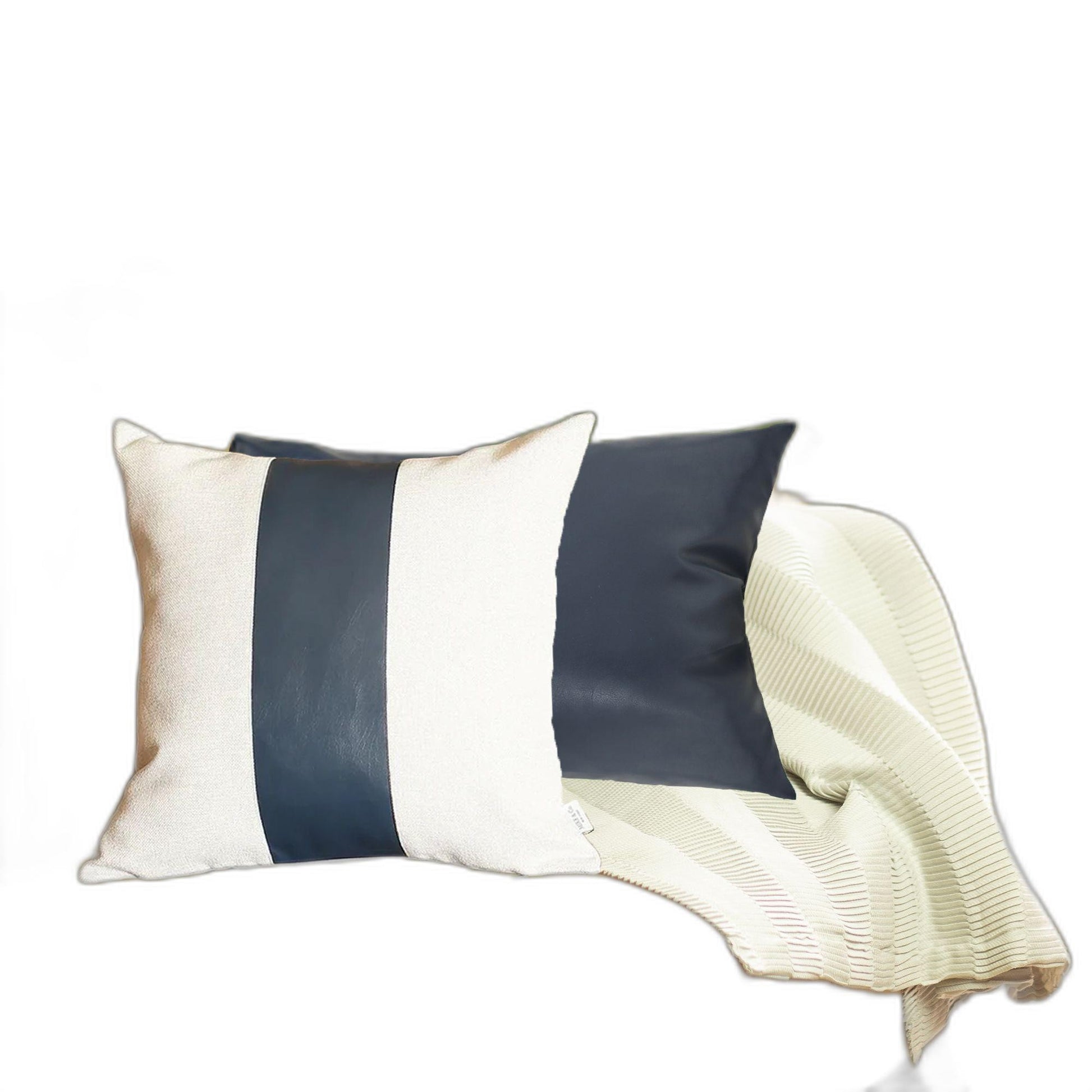 Set of 2 White and Navy Faux Leather Throw Pillows-Accent Throw Pillows-DECOROLALA