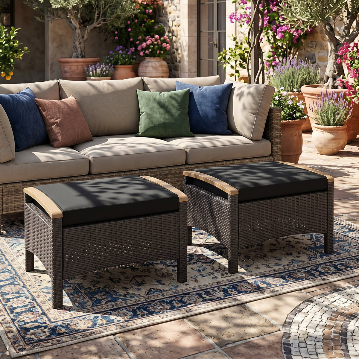 Set of 2 Wicker Patio Ottoman Fade-Resistant Foot Rest with Cushion-Black-Outdoor Chairs & Seating-DECOROLALA