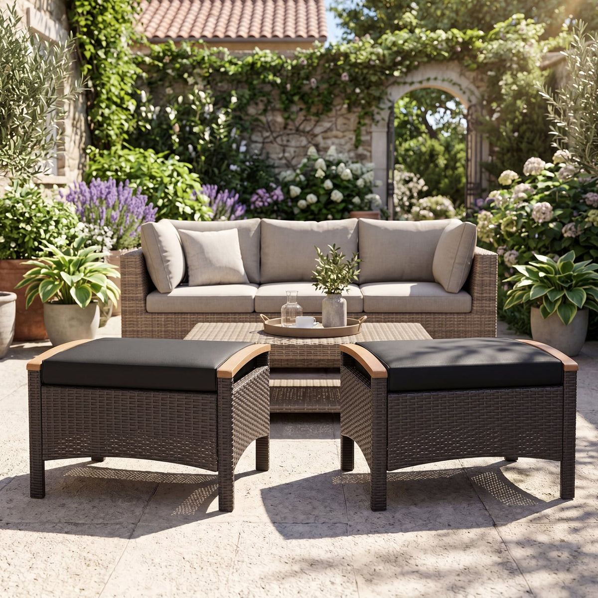 Set of 2 Wicker Patio Ottoman Fade-Resistant Foot Rest with Cushion-Black-Outdoor Chairs & Seating-DECOROLALA