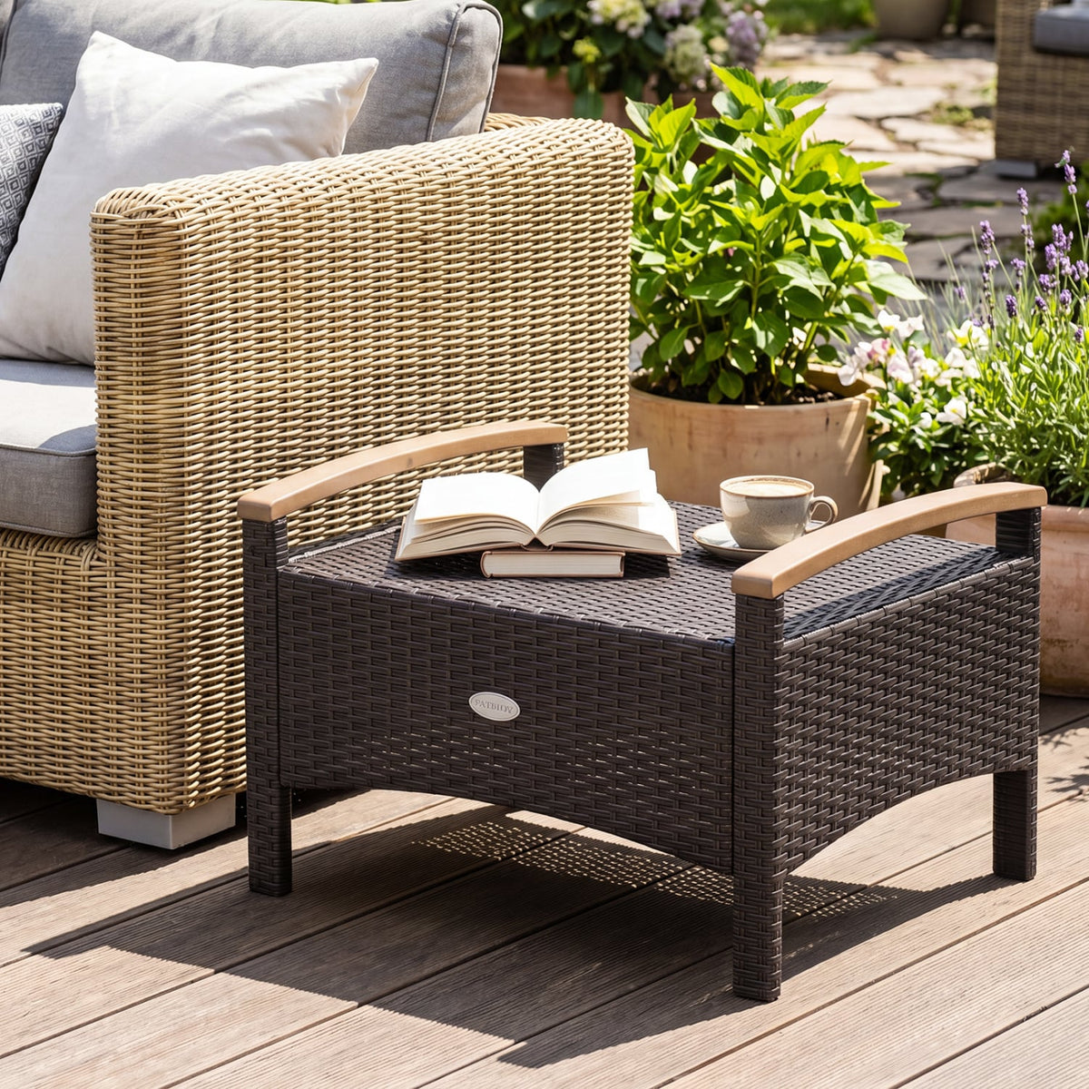 Set of 2 Wicker Patio Ottoman Fade-Resistant Foot Rest with Cushion-Black-Outdoor Chairs & Seating-DECOROLALA