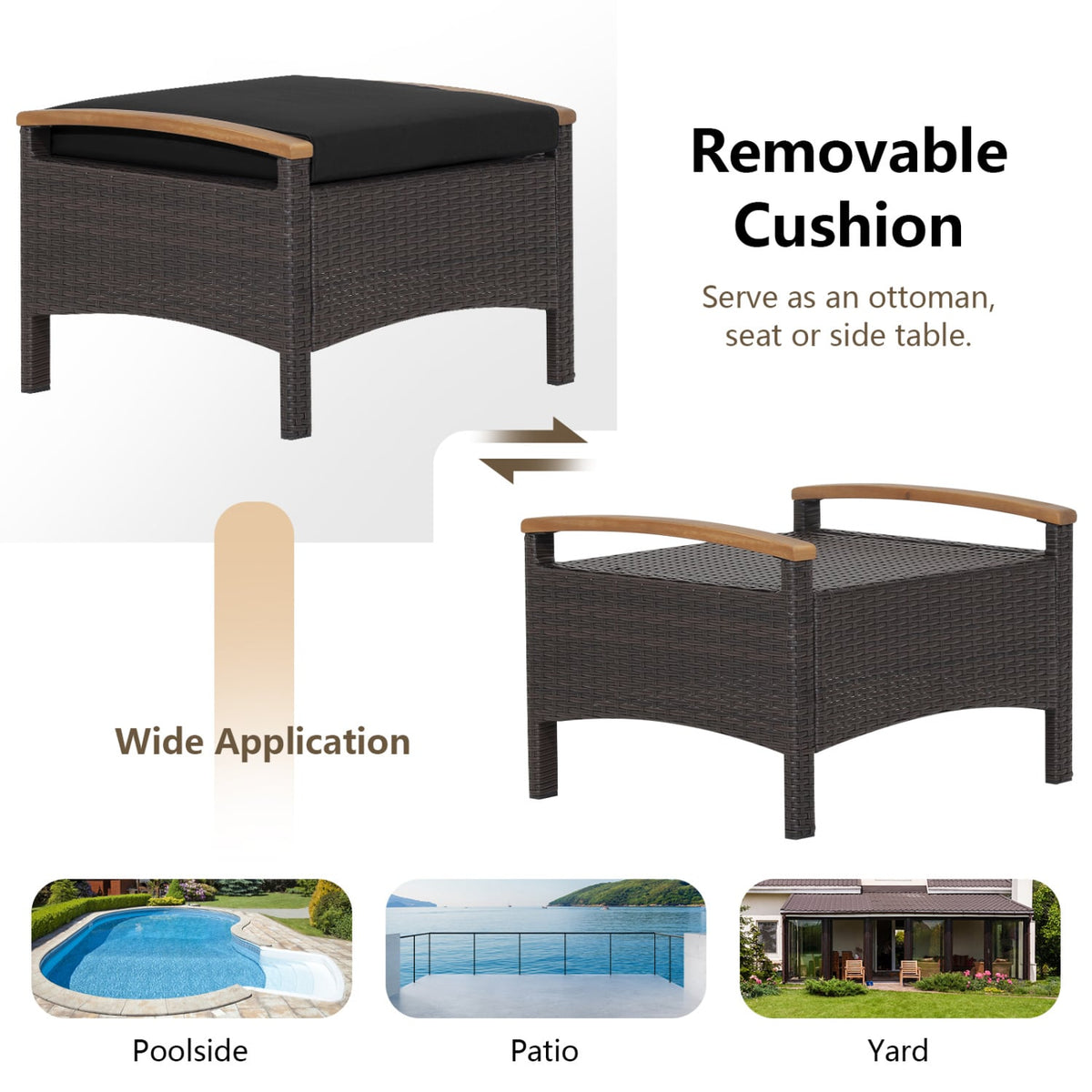 Set of 2 Wicker Patio Ottoman Fade-Resistant Foot Rest with Cushion-Black-Outdoor Chairs & Seating-DECOROLALA