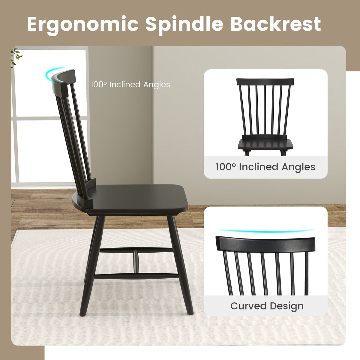 Set of 2 Windsor Dining Chairs with High Spindle Back-Black-Dining Chairs-DECOROLALA