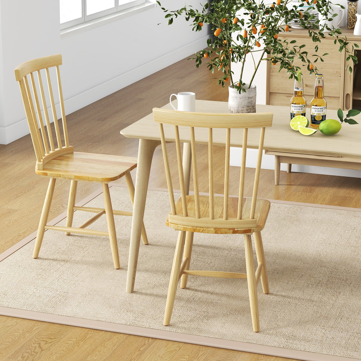 Set of 2 Windsor Dining Chairs with High Spindle Back-Natural-Dining Chairs-DECOROLALA