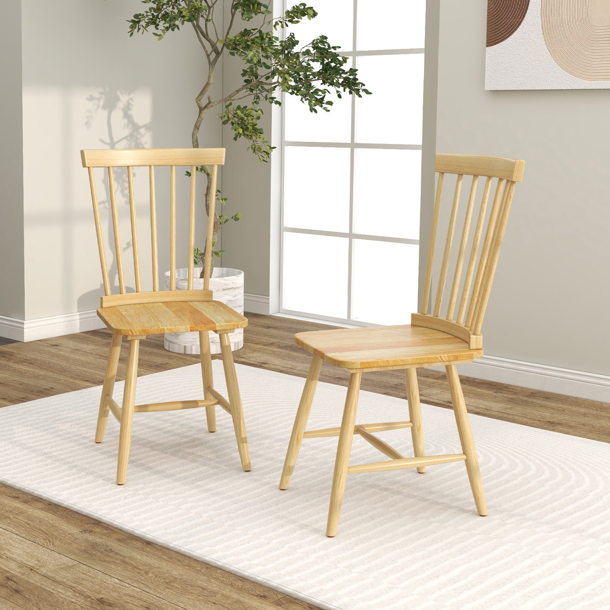 Set of 2 Windsor Dining Chairs with High Spindle Back-Natural-Dining Chairs-DECOROLALA