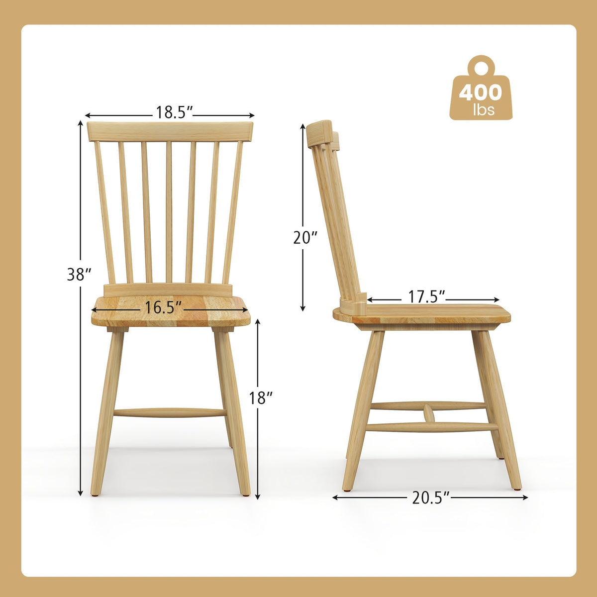 Set of 2 Windsor Dining Chairs with High Spindle Back-Natural-Dining Chairs-DECOROLALA