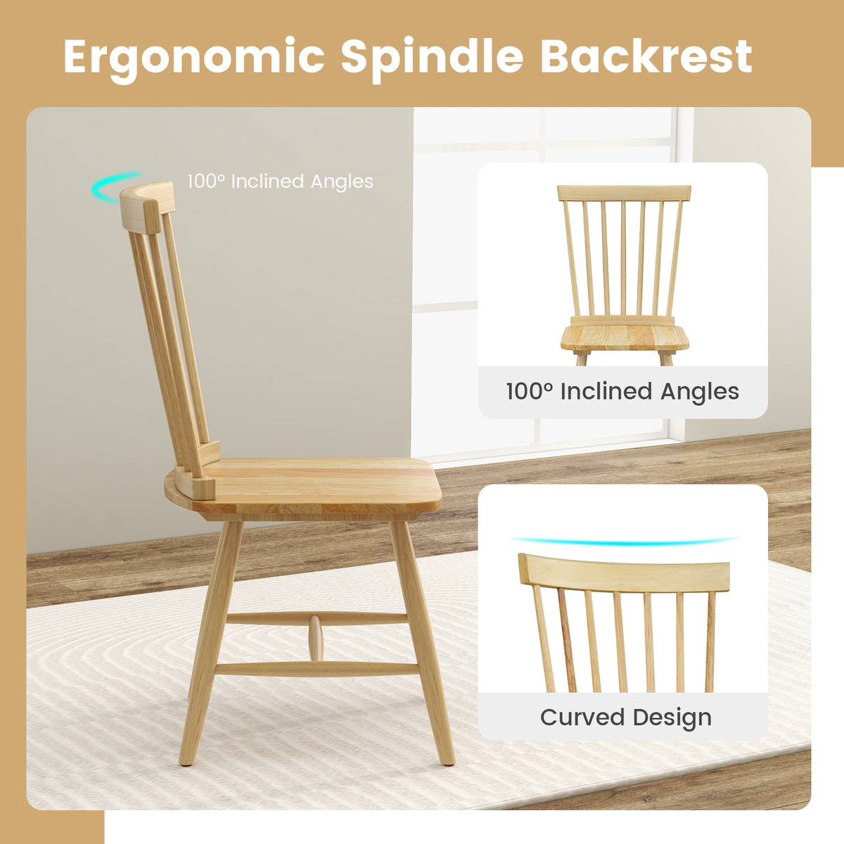 Set of 2 Windsor Dining Chairs with High Spindle Back-Natural-Dining Chairs-DECOROLALA