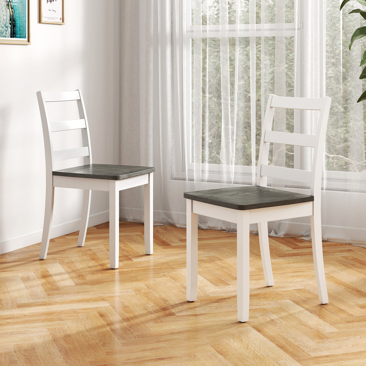Set of 2 Wood Dining Chairs with Solid Rubber Wood Legs-Gray-Dining Chairs-DECOROLALA
