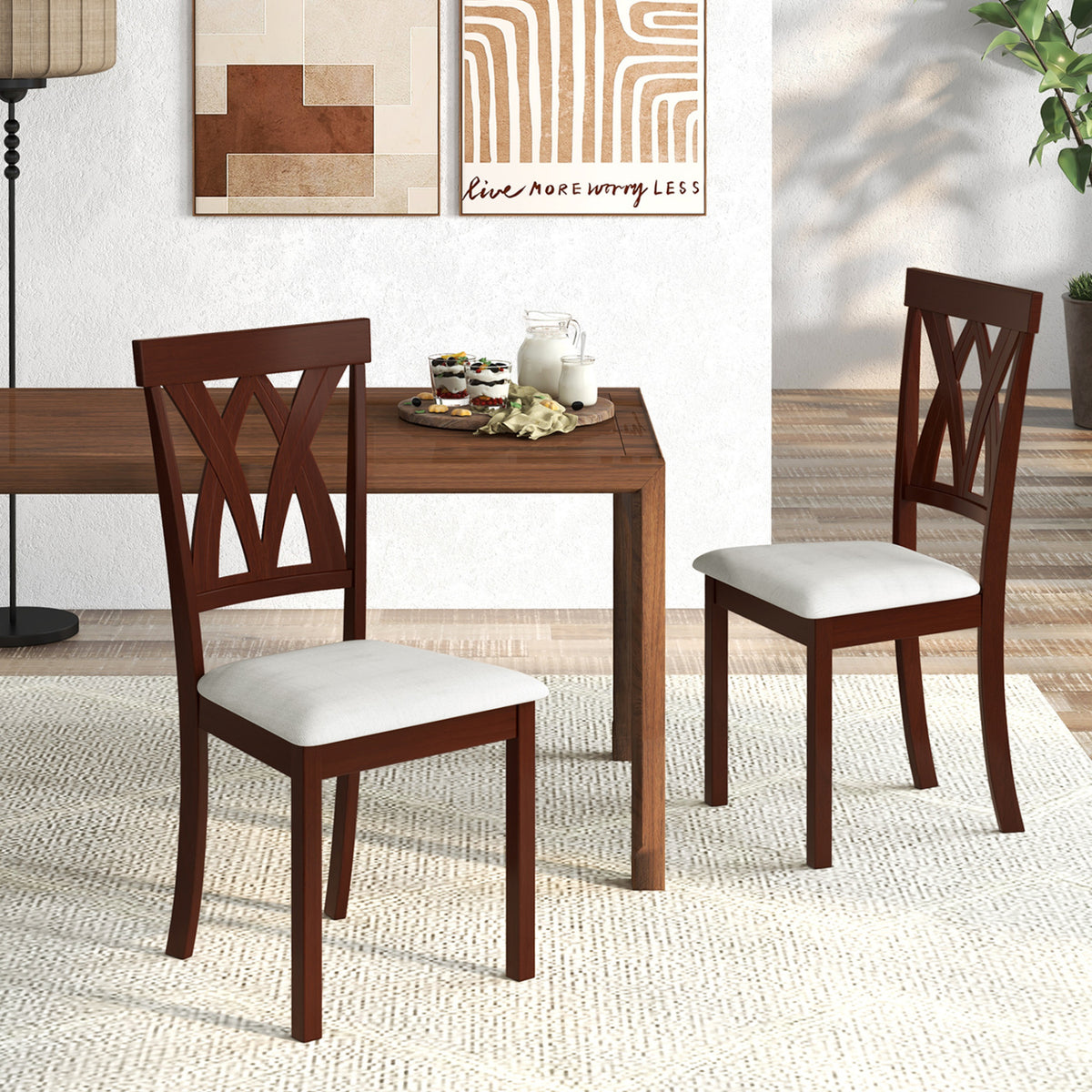 Set of 2 Wood Kitchen Chairs with Faux Leather Upholstered Seat-Beige-Dining Chairs-DECOROLALA