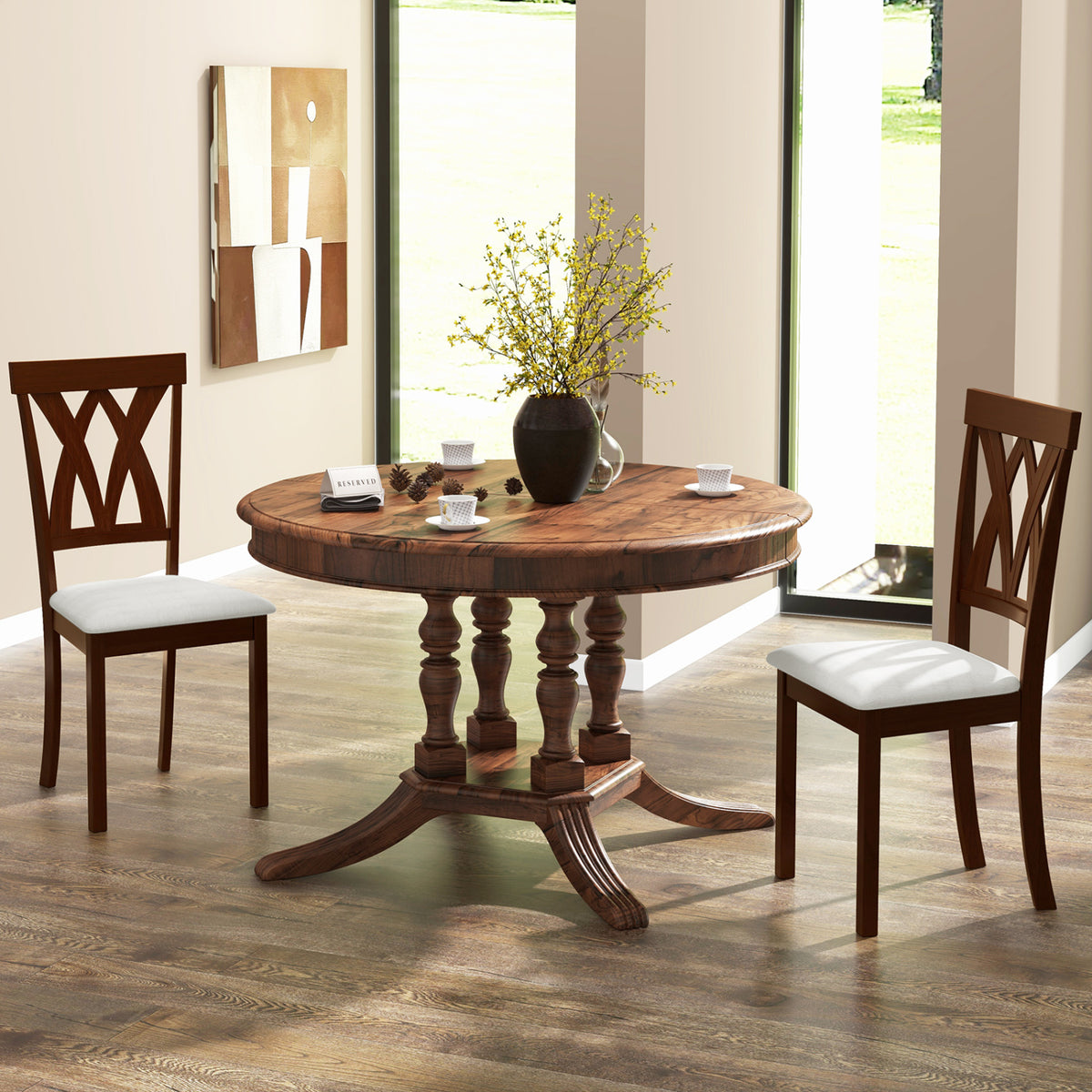 Set of 2 Wood Kitchen Chairs with Faux Leather Upholstered Seat-Beige-Dining Chairs-DECOROLALA