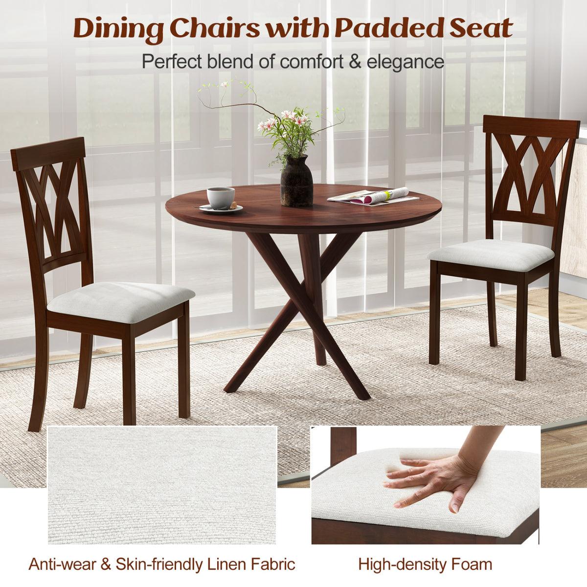 Set of 2 Wood Kitchen Chairs with Faux Leather Upholstered Seat-Beige-Dining Chairs-DECOROLALA