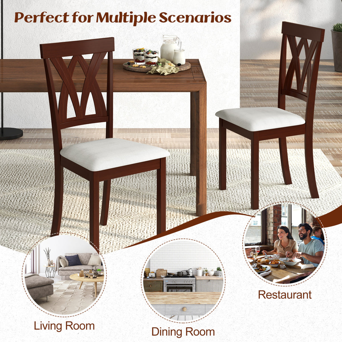 Set of 2 Wood Kitchen Chairs with Faux Leather Upholstered Seat-Beige-Dining Chairs-DECOROLALA
