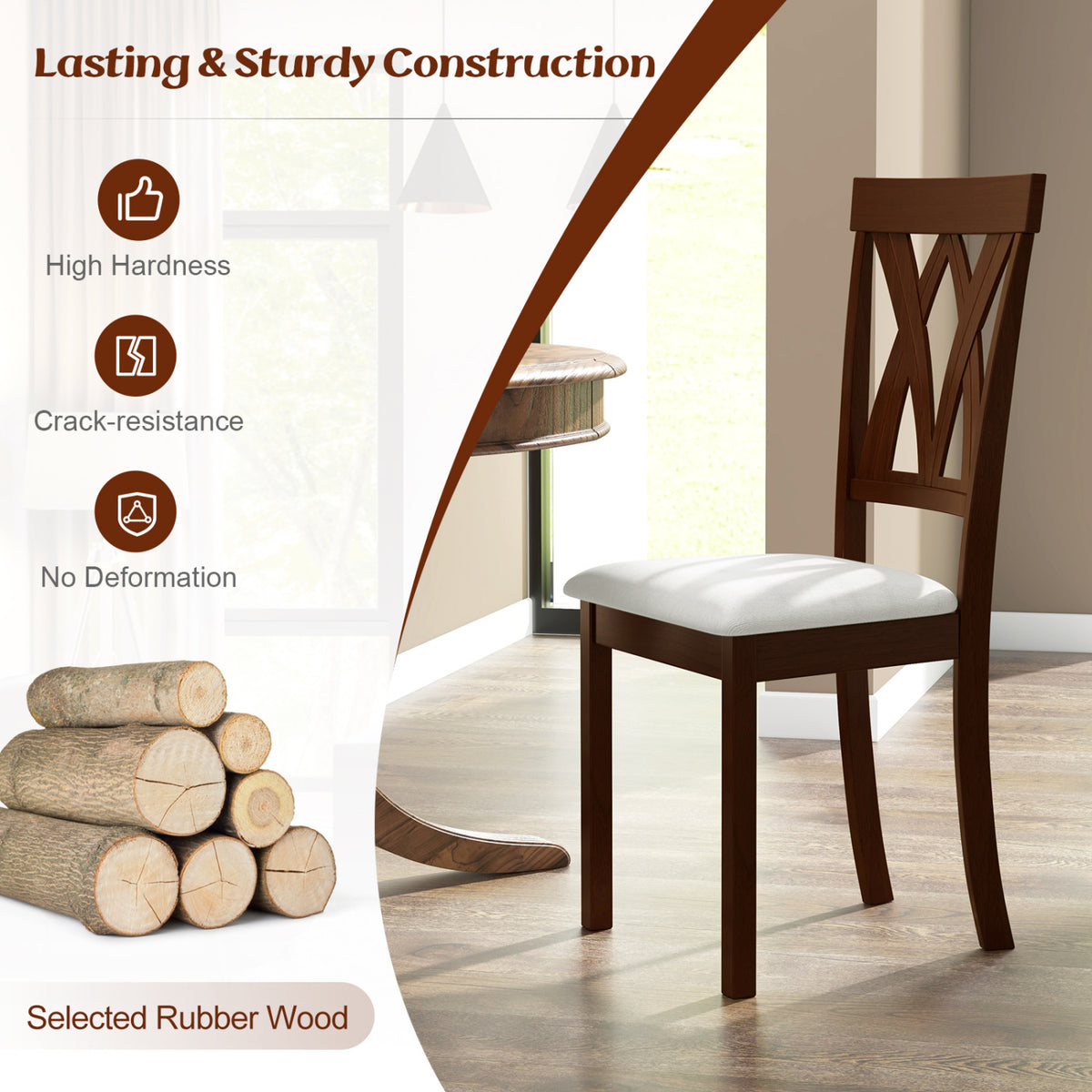 Set of 2 Wood Kitchen Chairs with Faux Leather Upholstered Seat-Beige-Dining Chairs-DECOROLALA