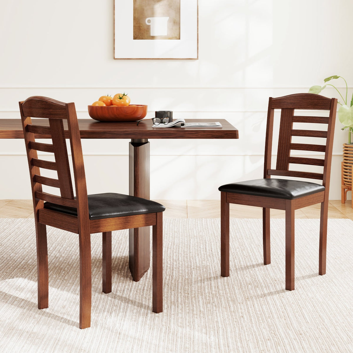 Set of 2 Wood Kitchen Chairs with Faux Leather Upholstered Seat-Black-Dining Chairs-DECOROLALA