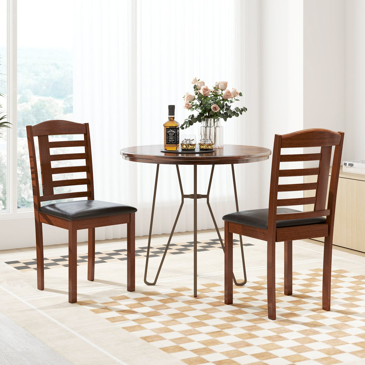 Set of 2 Wood Kitchen Chairs with Faux Leather Upholstered Seat-Black-Dining Chairs-DECOROLALA