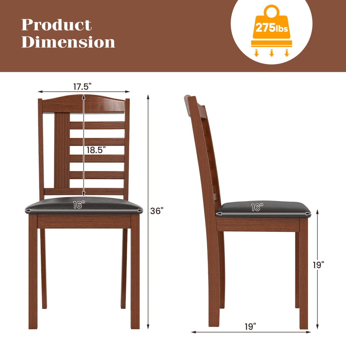 Set of 2 Wood Kitchen Chairs with Faux Leather Upholstered Seat-Black-Dining Chairs-DECOROLALA
