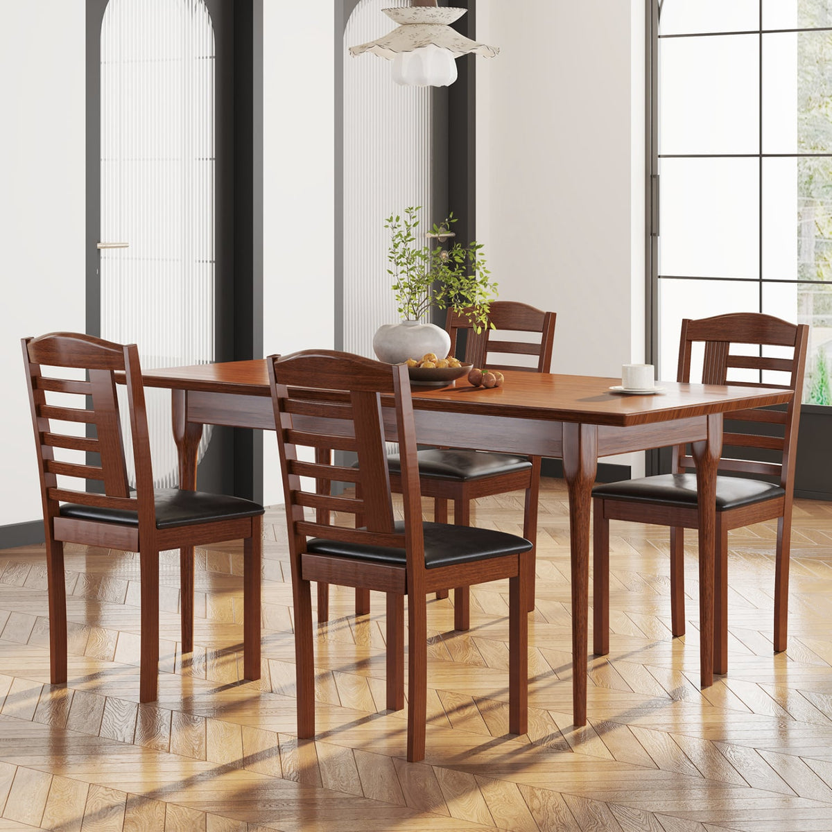 Set of 2 Wood Kitchen Chairs with Faux Leather Upholstered Seat-Black-Dining Chairs-DECOROLALA