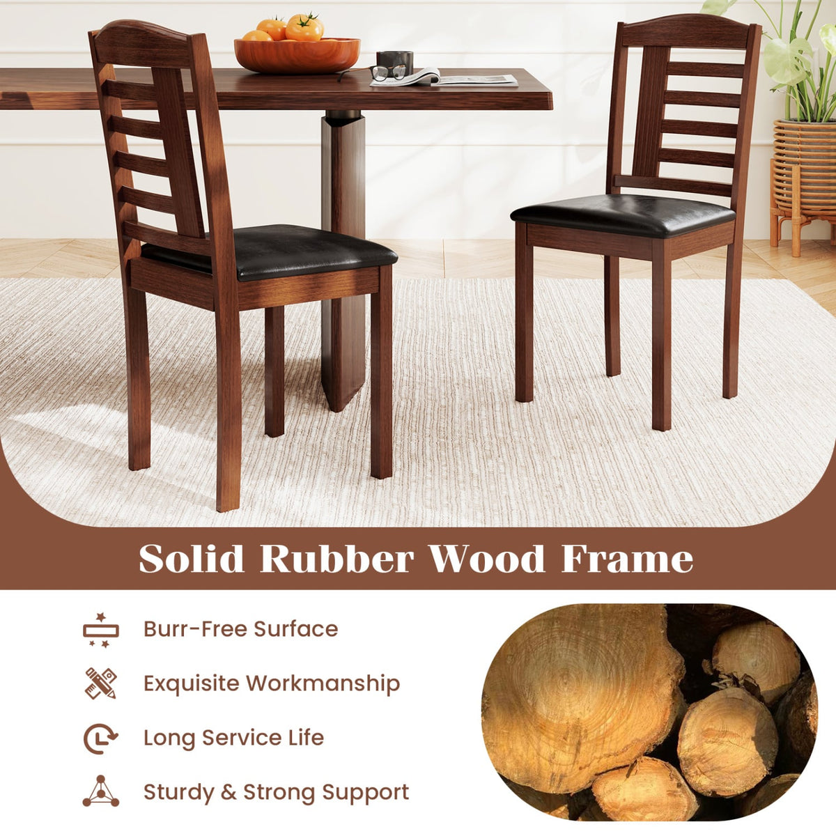 Set of 2 Wood Kitchen Chairs with Faux Leather Upholstered Seat-Black-Dining Chairs-DECOROLALA