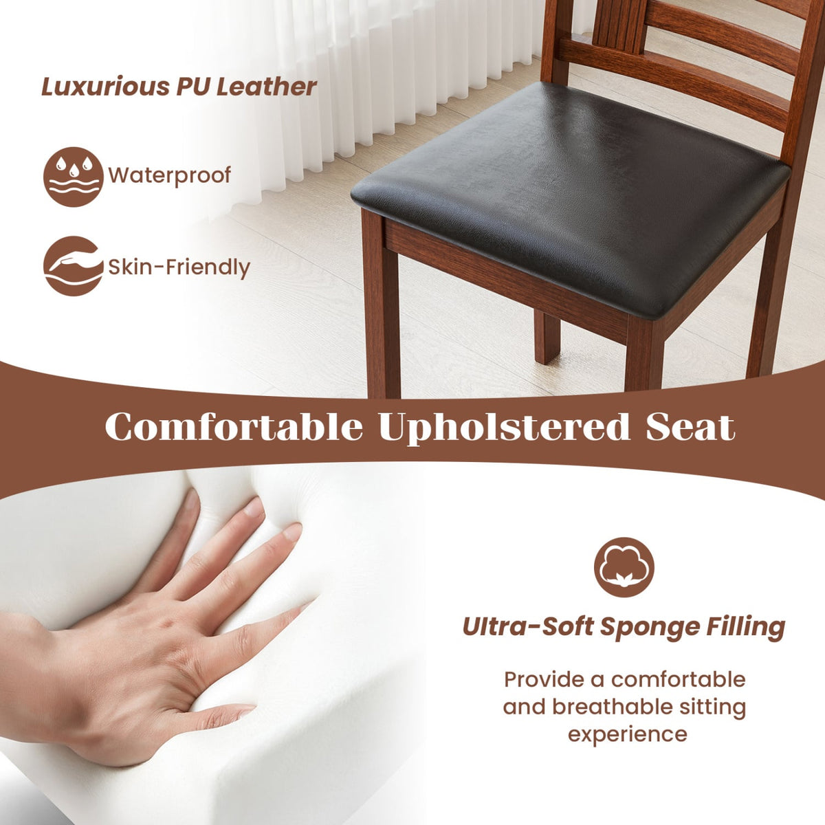 Set of 2 Wood Kitchen Chairs with Faux Leather Upholstered Seat-Black-Dining Chairs-DECOROLALA