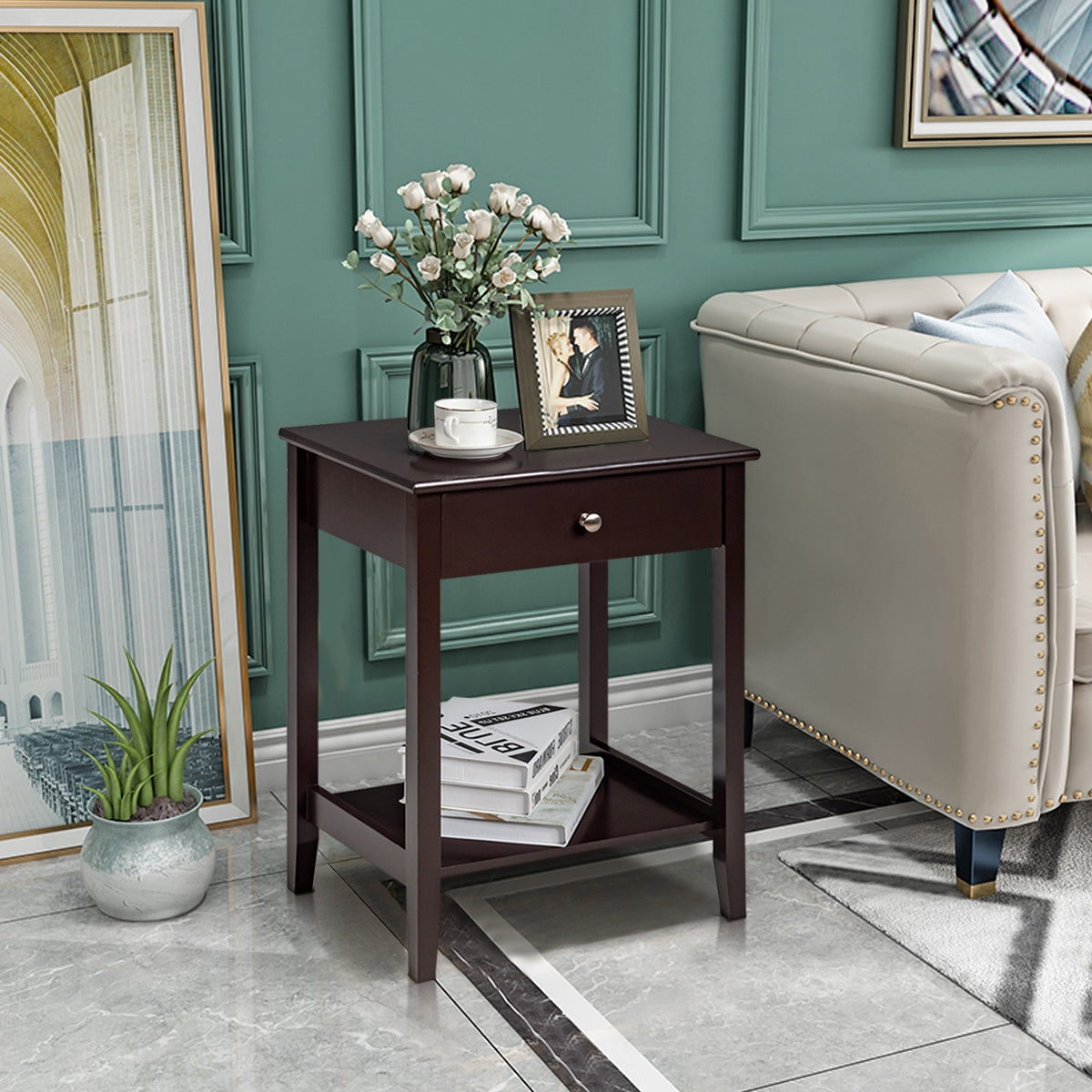 Set of 2 Wooden Bedside Sofa Table-Brown-End & Side Tables-DECOROLALA