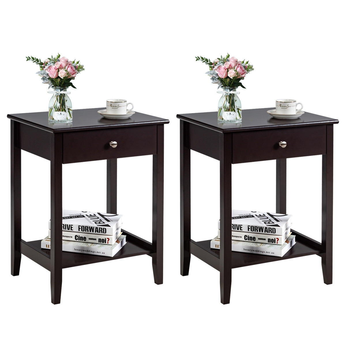Set of 2 Wooden Bedside Sofa Table-Brown-End & Side Tables-DECOROLALA
