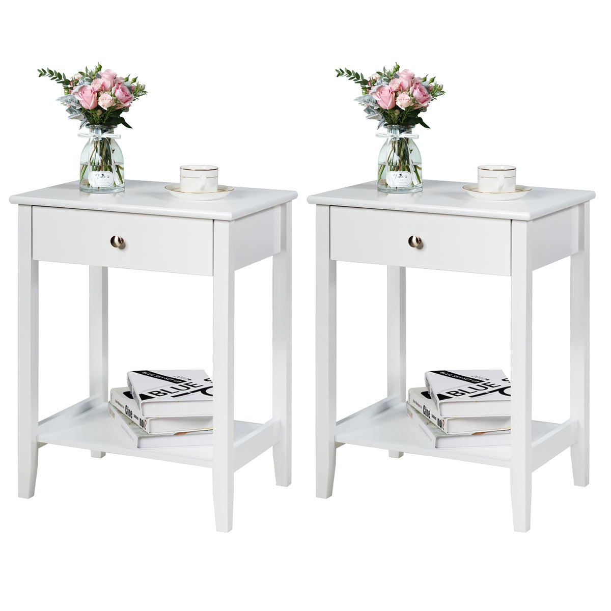 Set of 2 Wooden Bedside Table-White-End & Side Tables-DECOROLALA