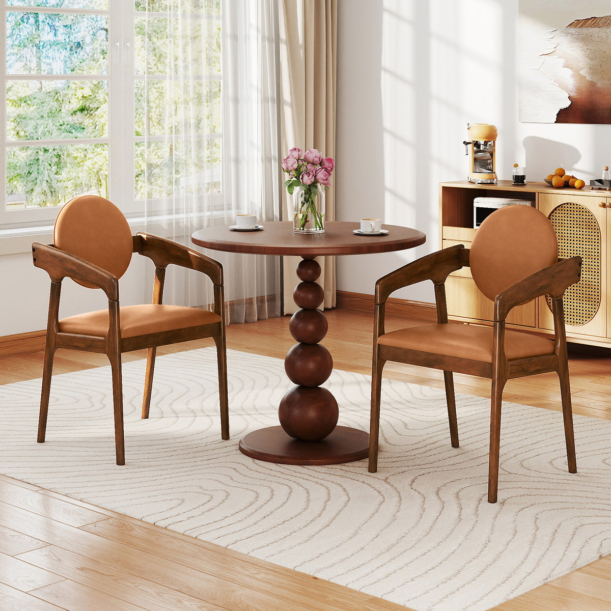 Set of 2 Wooden Dining Chair PU Leather Upholstered Armchairs-Brown-Dining Chairs-DECOROLALA