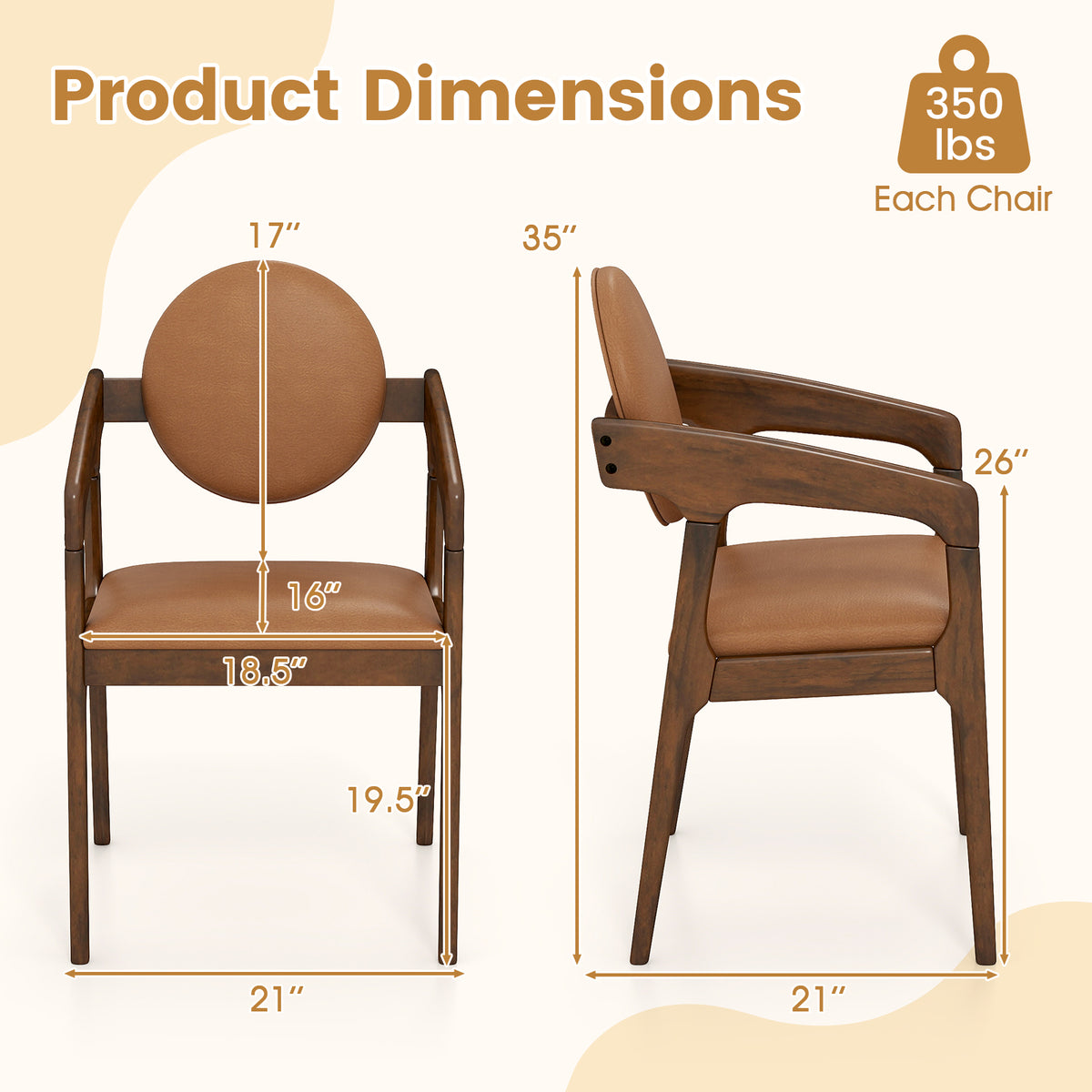 Set of 2 Wooden Dining Chair PU Leather Upholstered Armchairs-Brown-Dining Chairs-DECOROLALA