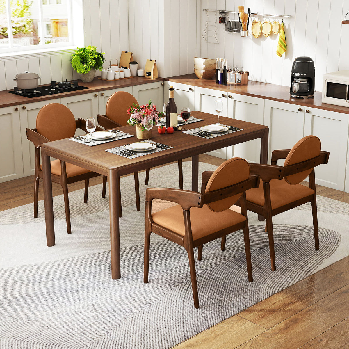 Set of 2 Wooden Dining Chair PU Leather Upholstered Armchairs-Brown-Dining Chairs-DECOROLALA