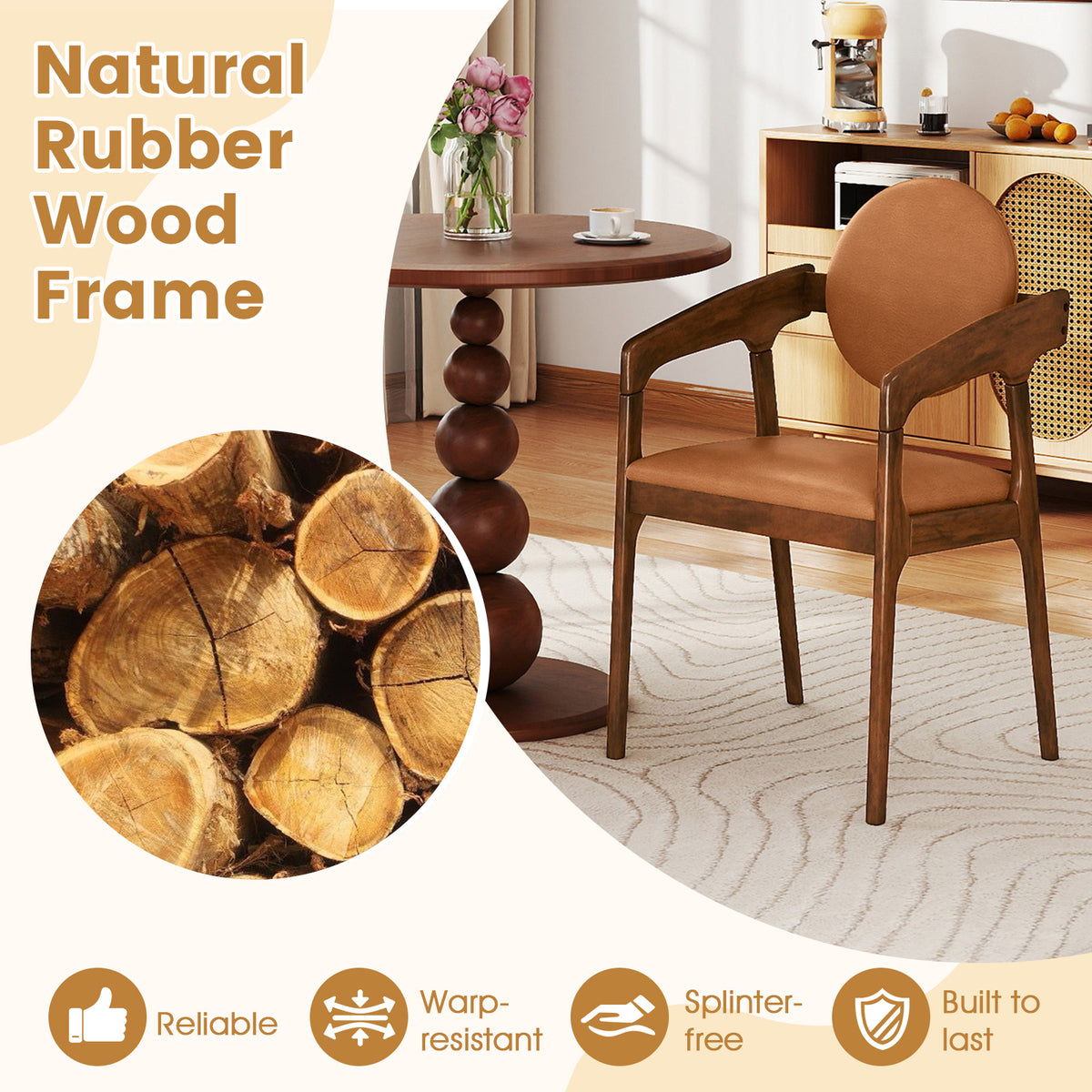 Set of 2 Wooden Dining Chair PU Leather Upholstered Armchairs-Brown-Dining Chairs-DECOROLALA