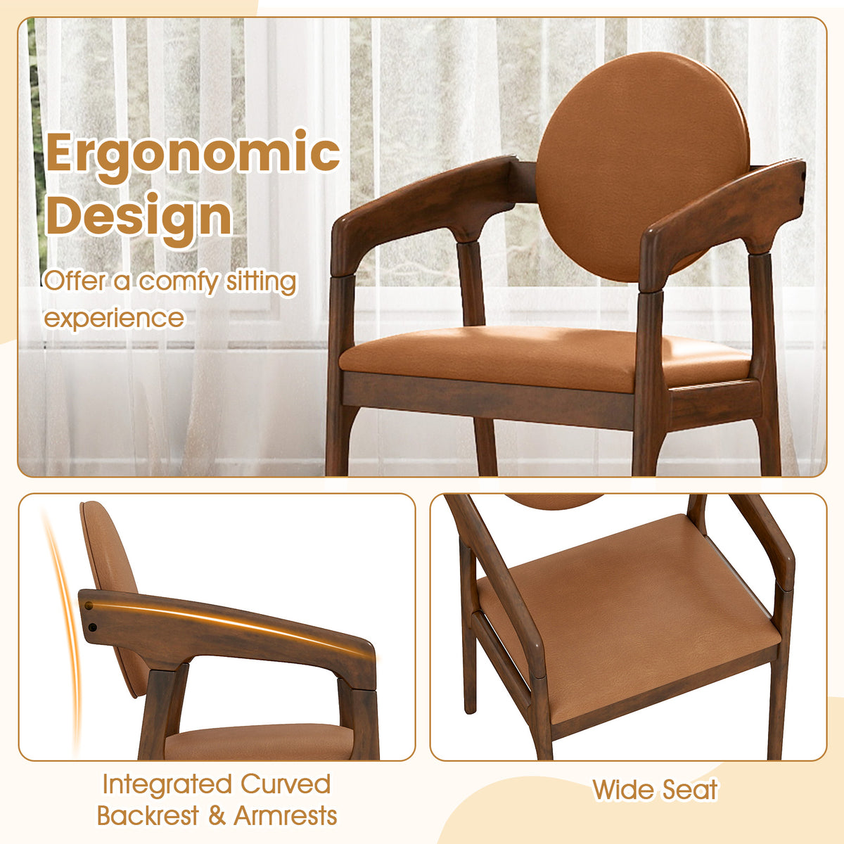 Set of 2 Wooden Dining Chair PU Leather Upholstered Armchairs-Brown-Dining Chairs-DECOROLALA