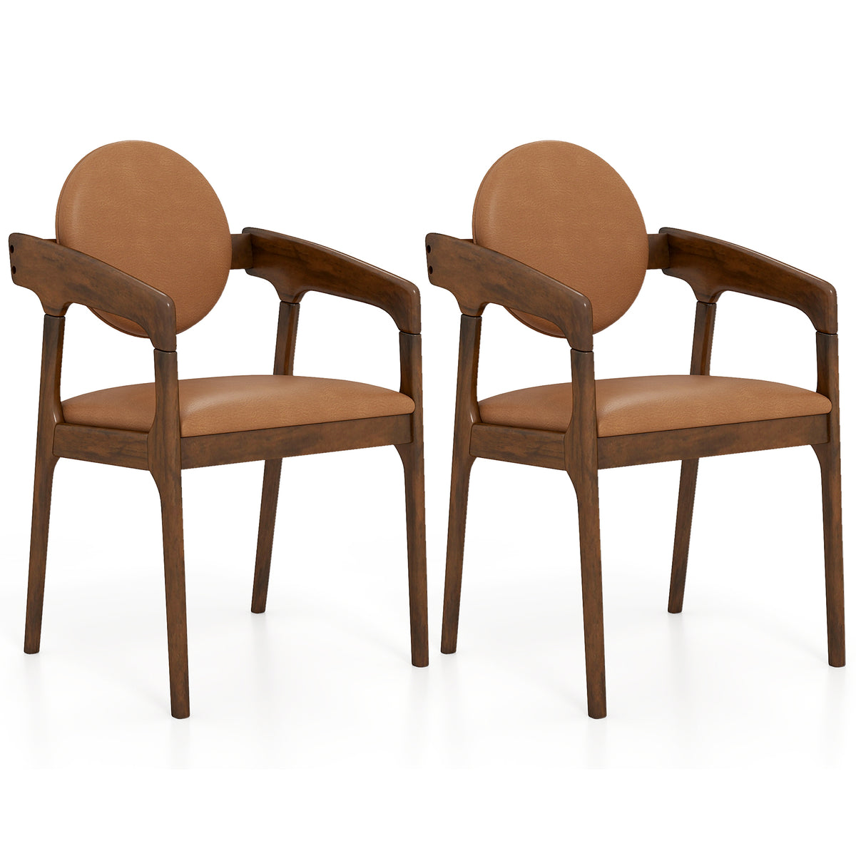 Set of 2 Wooden Dining Chair PU Leather Upholstered Armchairs-Brown-Dining Chairs-DECOROLALA