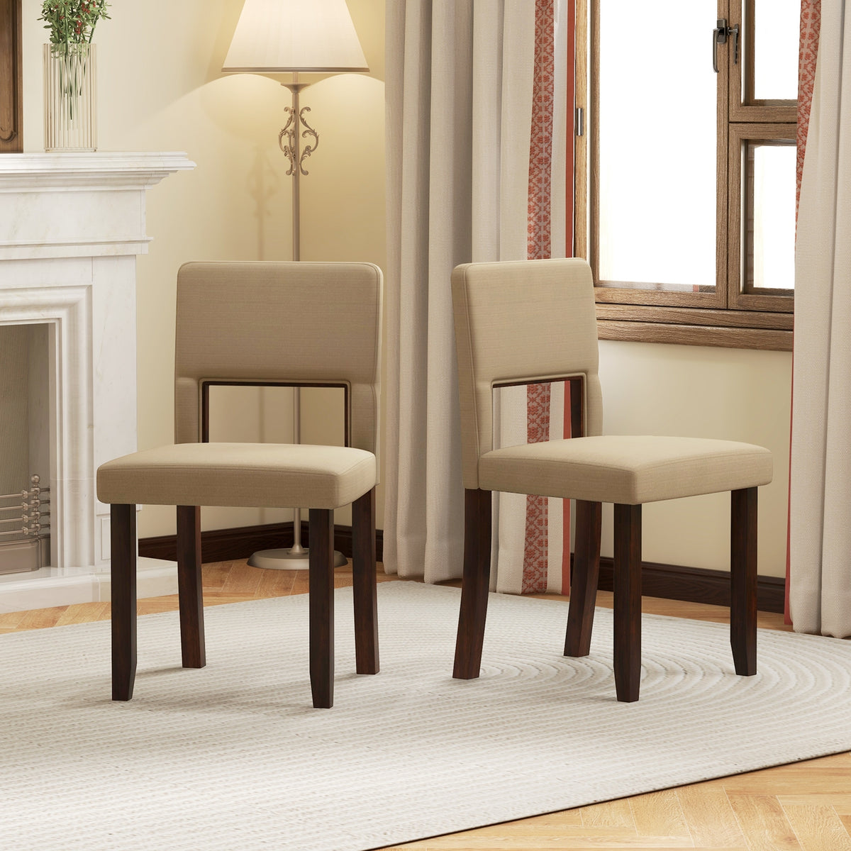 Set of 2 Wooden Dining Chair with Acacia Wood Frame Padded Seat and Back-Beige-Dining Chairs-DECOROLALA