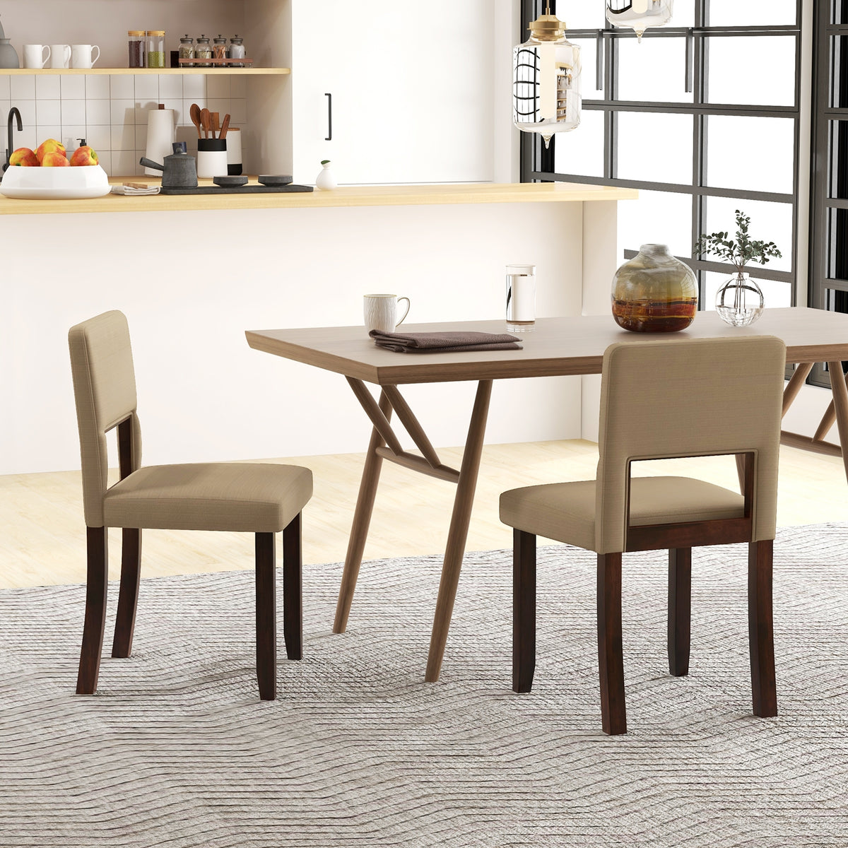 Set of 2 Wooden Dining Chair with Acacia Wood Frame Padded Seat and Back-Beige-Dining Chairs-DECOROLALA