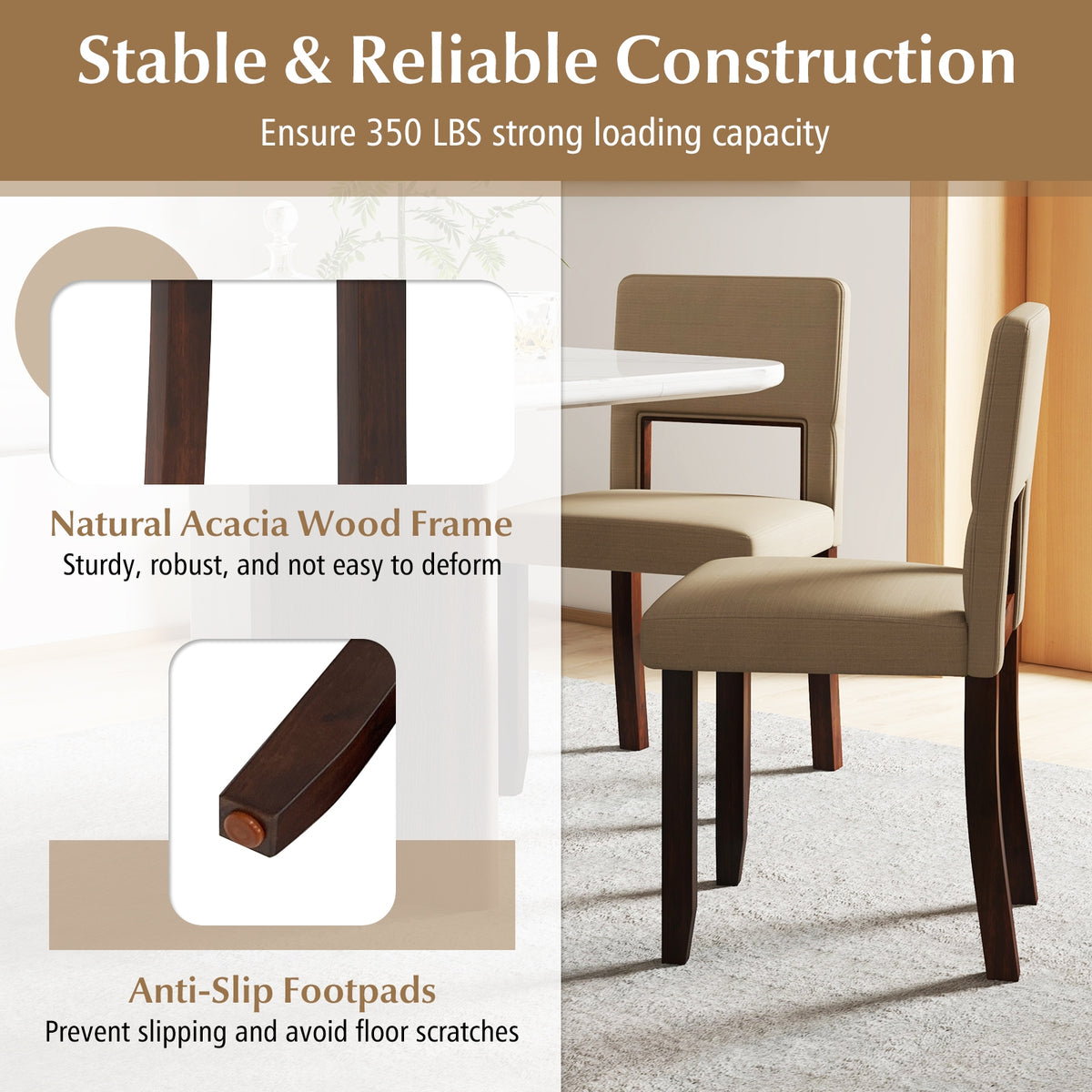 Set of 2 Wooden Dining Chair with Acacia Wood Frame Padded Seat and Back-Beige-Dining Chairs-DECOROLALA