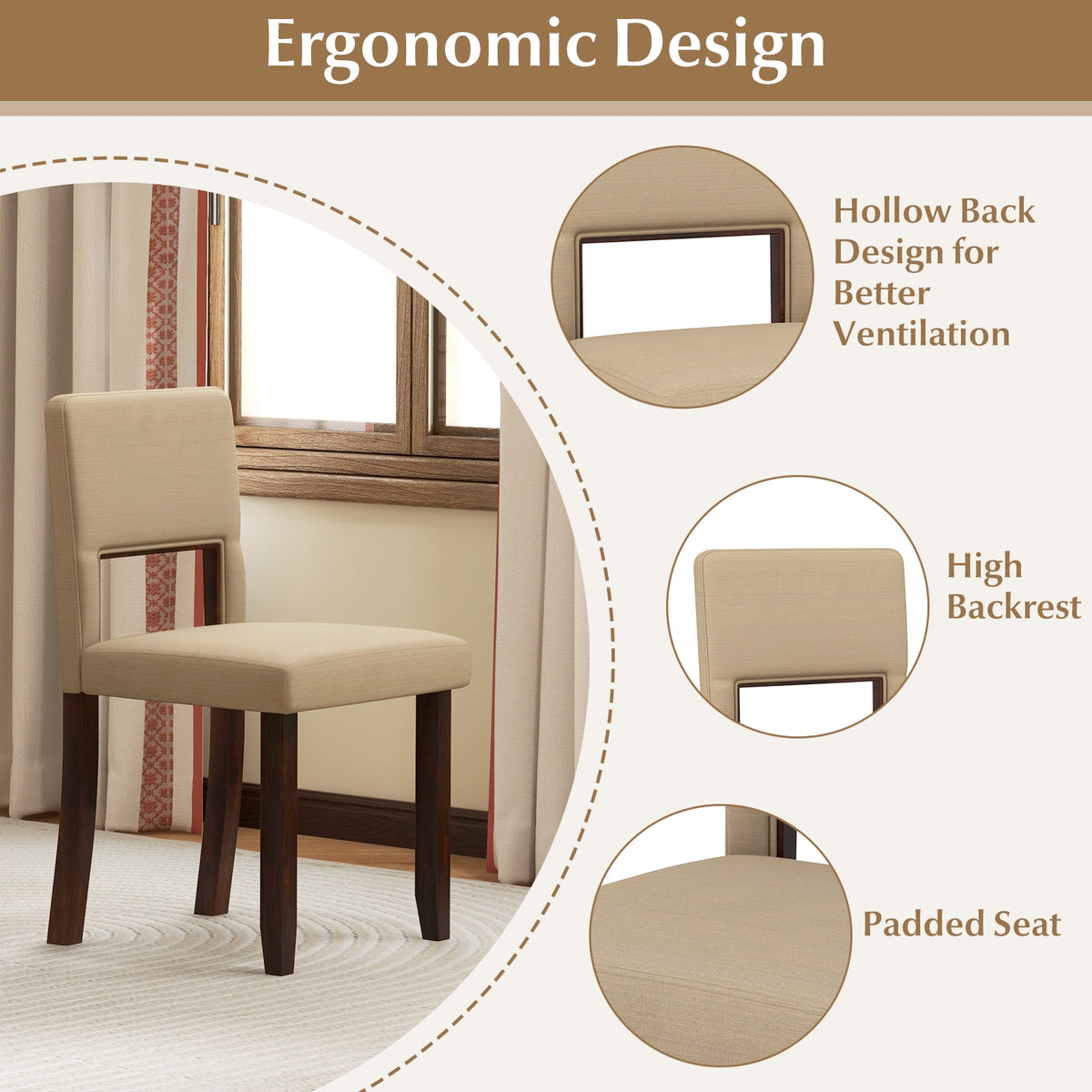 Set of 2 Wooden Dining Chair with Acacia Wood Frame Padded Seat and Back-Beige-Dining Chairs-DECOROLALA
