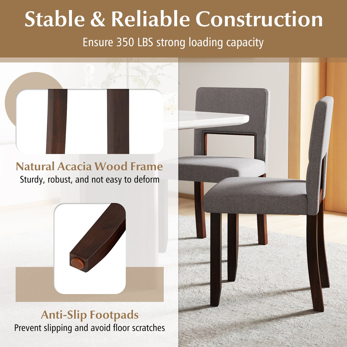 Set of 2 Wooden Dining Chair with Acacia Wood Frame Padded Seat and Back-Gray-Dining Chairs-DECOROLALA